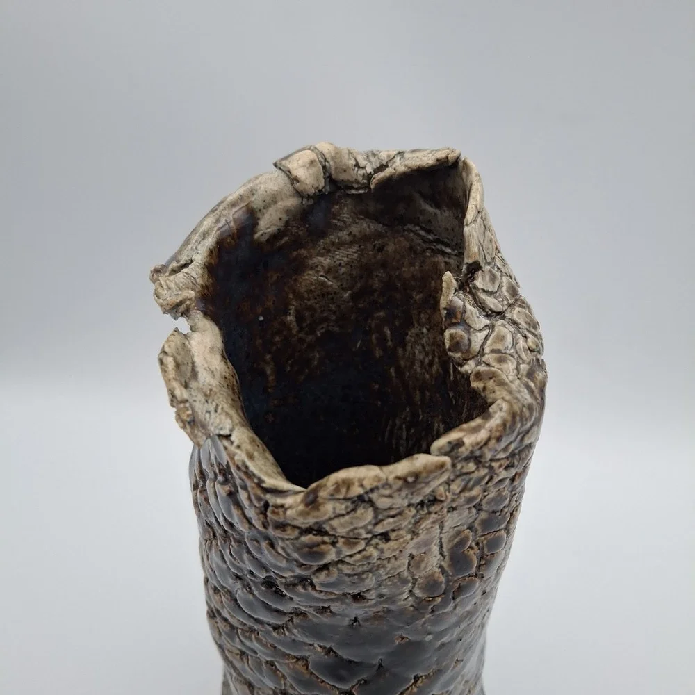 Handcrafted Studio Art Brown Scales Textured Glazed Leaning Pottery‎ 9